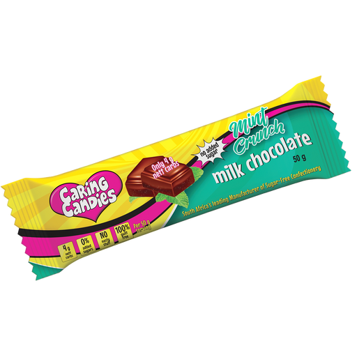 A 50g sugar-free premium milk chocolate bar with peppermint flavoured crunch by Caring Candies. Ideal for those following a diabetic, gluten-free, sugar-free, keto, banting, and low carb lifestyle diet.