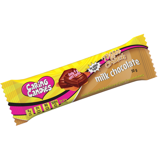 A 50g sugar-free premium milk chocolate bar with toffee flavoured crunch by Caring Candies. Ideal for those following a diabetic, gluten-free, sugar-free, keto, banting, and low carb lifestyle diet.