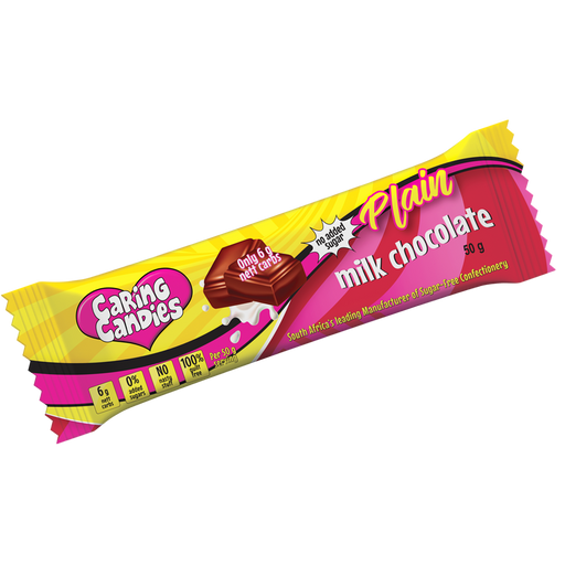 A 50g sugar-free premium milk chocolate bar by Caring Candies. Ideal for those following a diabetic, gluten-free, sugar-free, keto, banting, and low carb lifestyle diet.