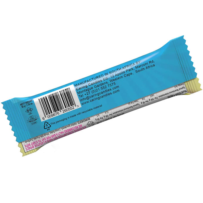 Back view of caring candies sugar-free 50g premium white chocolate bars with banana crunch flavour. Ideal for those following a diabetic, gluten-free, sugar-free, keto, banting, and low carb lifestyle diet