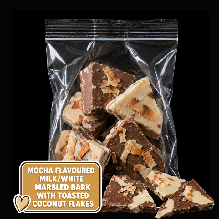 Caring Candies No Added Sugar Choc Bark | Mocha Milk & White Marble with Toasted Coconut | 100g