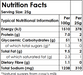 Nutrition facts label for a food product with serving size and per 25g breakdown.