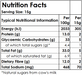 Nutrition facts label for a food product with serving size, energy, protein, carbohydrates, and other nutritional information.