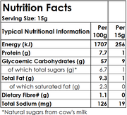 Nutrition facts label for a food product with serving size and per 100g and per 15g breakdowns.