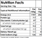 Nutrition facts label for a food product with serving size and per 100g and per 15g breakdowns.