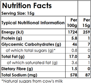 Nutrition facts label for a food product with serving size and per 100g and per 15g breakdown.