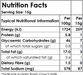 Nutrition facts label for a food product with serving size and per 100g and per 15g breakdown.