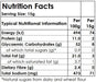Nutrition facts label for a food product with serving size, energy, protein, carbohydrates, fat, fiber, and sodium content.