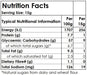 Nutrition facts label for a food product with serving size, energy, protein, carbohydrates, and other nutritional information.
