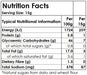 Nutrition facts label for a food product with serving size, energy, protein, carbohydrates, fat, fiber, and sodium content.