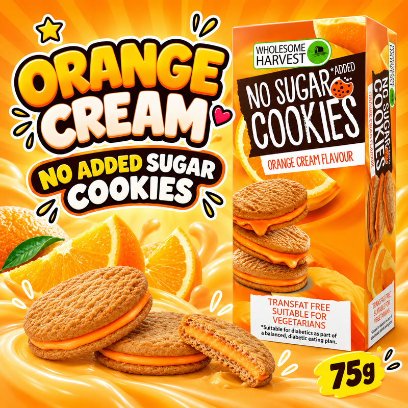 Wholesome Harvest No Added Sugar Orange Cream Cookies 75g box with golden sandwich cookies and fresh orange slices on a bright orange background.