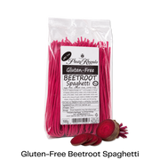 Packet of Glutenfree Pasta Regalo beetroot spaghetti with uncooked beetroot in front of it