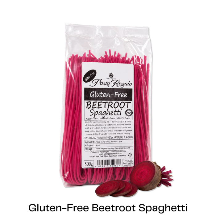 Packet of Glutenfree Pasta Regalo beetroot spaghetti with uncooked beetroot in front of it