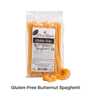 Packet of Glutenfree Pasta Regalo butternut spaghetti with uncooked butternut in front of it