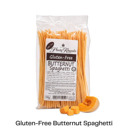 Packet of Glutenfree Pasta Regalo butternut spaghetti with uncooked butternut in front of it