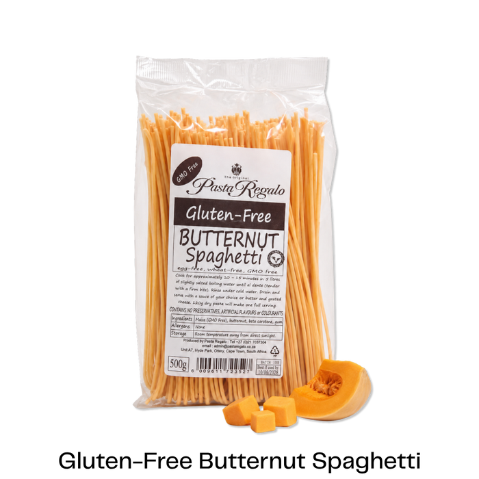 Packet of Glutenfree Pasta Regalo butternut spaghetti with uncooked butternut in front of it