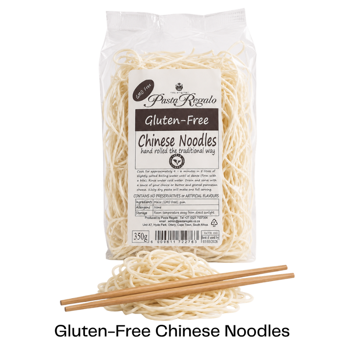 Packet of Glutenfree Pasta Regalo chinese noodles with chinese noodles in front of it