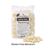 Packet of Glutenfree Pasta Regalo macaroni with uncooked macaroni in front of it