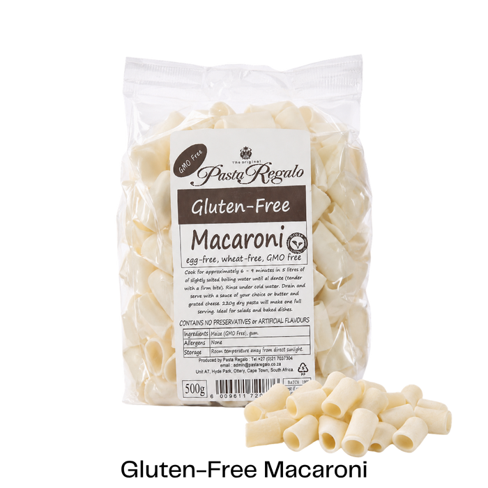 Packet of Glutenfree Pasta Regalo macaroni with uncooked macaroni in front of it
