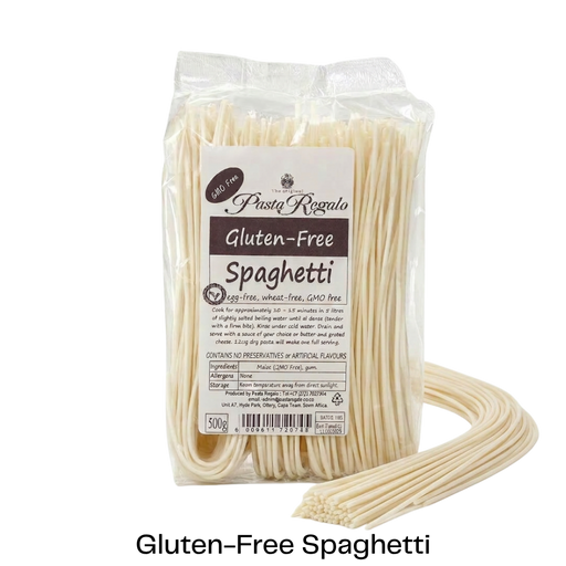 Packet of Glutenfree Pasta Regalo spaghetti with uncooked spaghetti in front of it