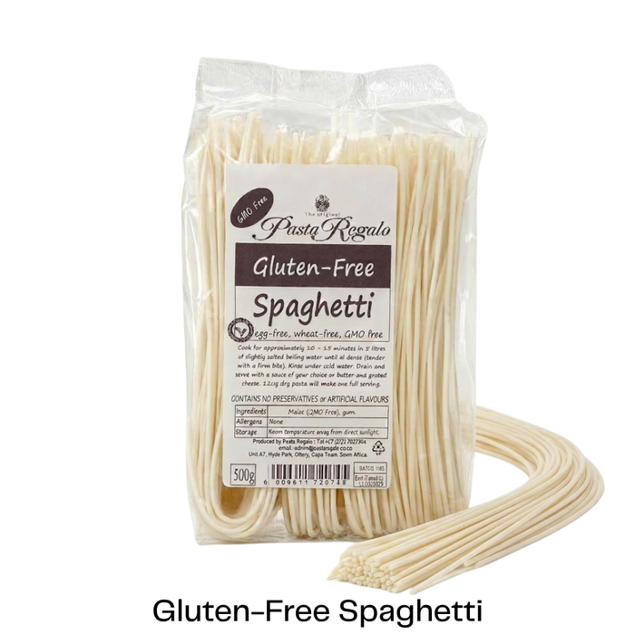 Packet of Glutenfree Pasta Regalo spaghetti with uncooked spaghetti in front of it
