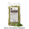 Packet of Glutenfree Pasta Regalo spinach spaghetti with spinach leaves in front of it