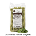 Packet of Glutenfree Pasta Regalo spinach spaghetti with spinach leaves in front of it
