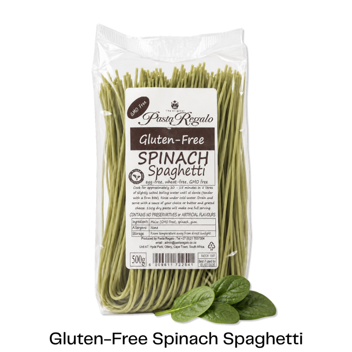 Packet of Glutenfree Pasta Regalo spinach spaghetti with spinach leaves in front of it