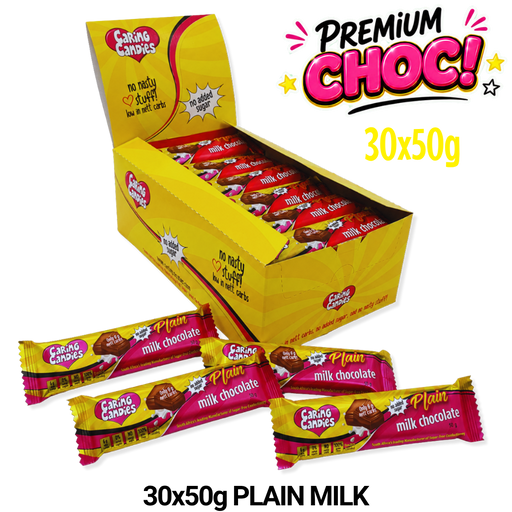 Box of Caring Candies milk chocolate bars, featuring a yellow box and colorful packaging.