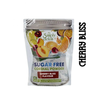 Sugar-free cordial powder package with cherry bliss flavor on a clear background