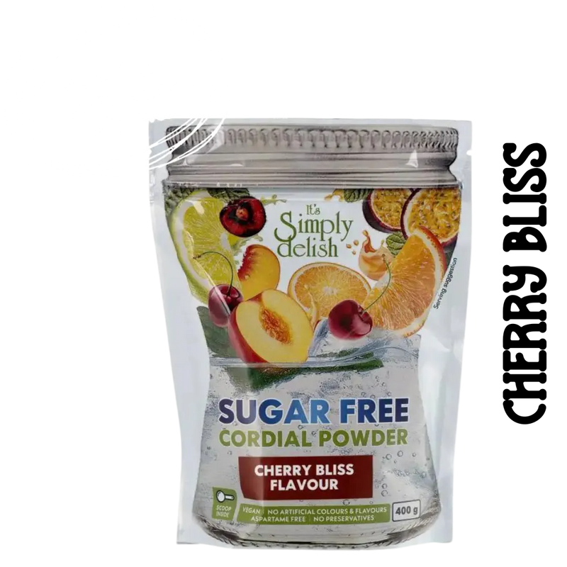 Sugar-free cordial powder package with cherry bliss flavor on a clear background
