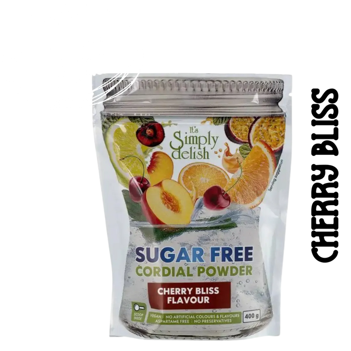 Sugar-free cordial powder package with cherry bliss flavor on a clear background