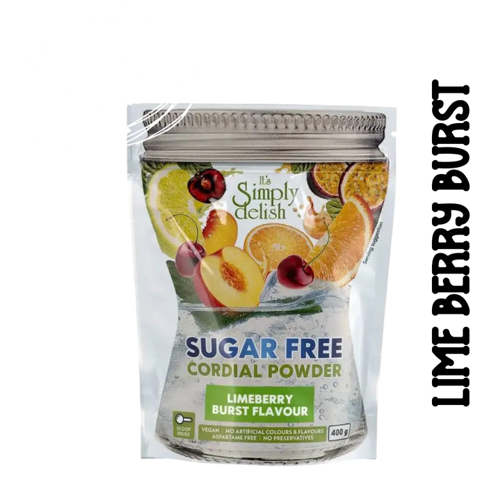 Sugar-free cordial powder package with limeberry burst flavor on a white background