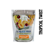 Sugar-free cordial powder packaging with tropical fruit images on a clear background