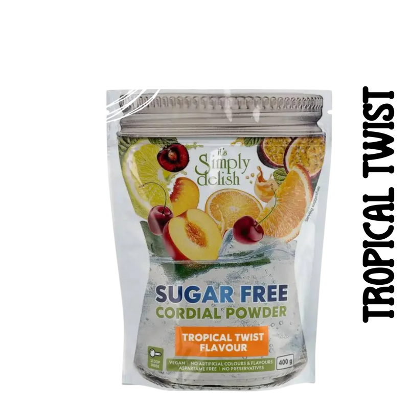 Sugar-free cordial powder packaging with tropical fruit images on a clear background