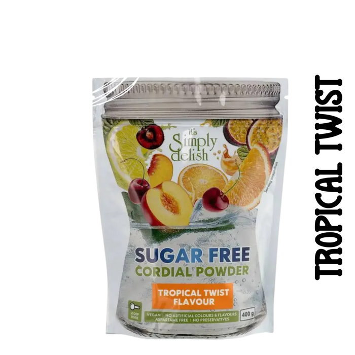 Sugar-free cordial powder packaging with tropical fruit images on a clear background