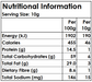 A black and white nutritional information label showing serving size 10g and values per 100g and per 10g, including energy, calories, protein, carbohydrates, fat, fibre, and sodium.