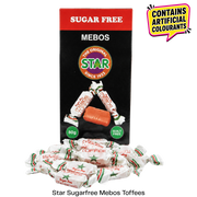 Star Sugarfree Mebos Toffees in a black and red box with several individually wrapped toffees displayed in front, plus a yellow warning badge stating it contains artificial colours.