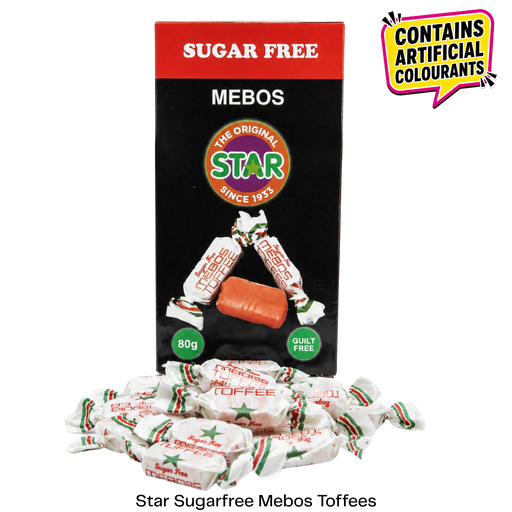 Star Sugarfree Mebos Toffees in a black and red box with several individually wrapped toffees displayed in front, plus a yellow warning badge stating it contains artificial colours.