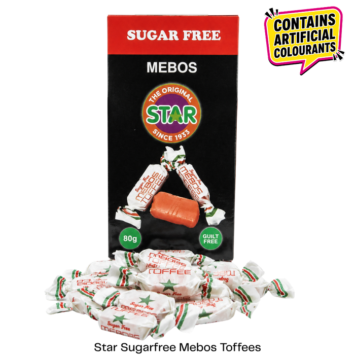 Star Sugarfree Mebos Toffees in a black and red box with several individually wrapped toffees displayed in front, plus a yellow warning badge stating it contains artificial colours.