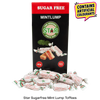Star Sugar Free Mint Lump Toffees in a black and red box with several individually wrapped candies displayed in front on a white background, plus a yellow badge stating it contains artificial colours.
