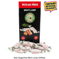 Star Sugar Free Mint Lump Toffees in a black and red box with several individually wrapped candies displayed in front on a white background, plus a yellow badge stating it contains artificial colours.