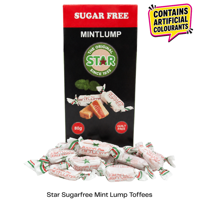 Star Sugar Free Mint Lump Toffees in a black and red box with several individually wrapped candies displayed in front on a white background, plus a yellow badge stating it contains artificial colours.