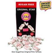 A bag of Star Sugar Free Original Pink Toffees with several individually wrapped pink taffees scattered in front on a white background. A red banner at the top of the bag reads 'SUGAR FREE', and a yellow speech bubble in the upper right says 'CONTAINS ARTIFICIAL COLOURANTS'.