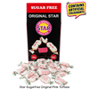 A bag of Star Sugar Free Original Pink Toffees with several individually wrapped pink taffees scattered in front on a white background. A red banner at the top of the bag reads 'SUGAR FREE', and a yellow speech bubble in the upper right says 'CONTAINS ARTIFICIAL COLOURANTS'.