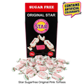 A bag of Star Sugar Free Original Pink Toffees with several individually wrapped pink taffees scattered in front on a white background. A red banner at the top of the bag reads 'SUGAR FREE', and a yellow speech bubble in the upper right says 'CONTAINS ARTIFICIAL COLOURANTS'.