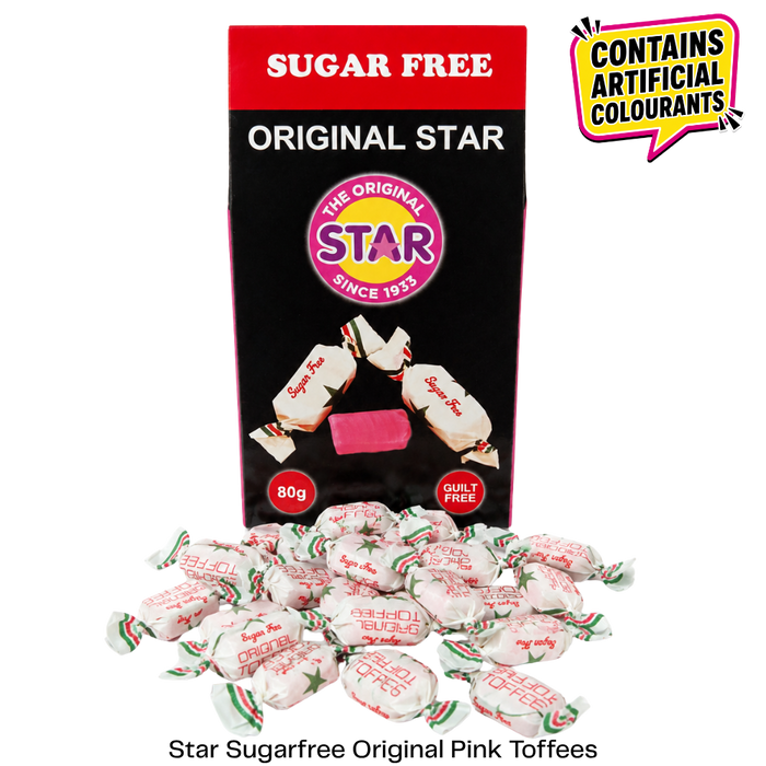 A bag of Star Sugar Free Original Pink Toffees with several individually wrapped pink taffees scattered in front on a white background. A red banner at the top of the bag reads 'SUGAR FREE', and a yellow speech bubble in the upper right says 'CONTAINS ARTIFICIAL COLOURANTS'.