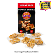 Star Sugar Free Peanut Brittle packaging with several individually wrapped pieces displayed in front on a white background, plus a yellow badge stating it contains artificial colours.