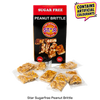 Star Sugar Free Peanut Brittle packaging with several individually wrapped pieces displayed in front on a white background, plus a yellow badge stating it contains artificial colours.