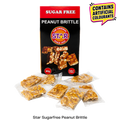 Star Sugar Free Peanut Brittle packaging with several individually wrapped pieces displayed in front on a white background, plus a yellow badge stating it contains artificial colours.
